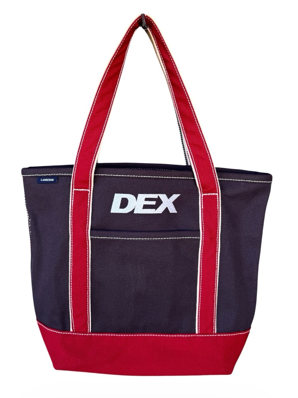 Lands End Canvas “Dex” Monogram Navy Tote with Red Accents